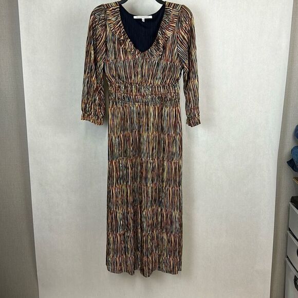 Collective Concepts Multicolor Dress Sz Small Midi V-Neck Ruffle 3/4 Sleeve Line - Picture 1 of 12
